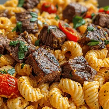 Roasted Red Pepper Ranch Pasta with Garlic Steak Bites