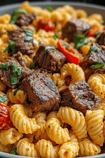 Roasted Red Pepper Ranch Pasta with Garlic Steak Bites