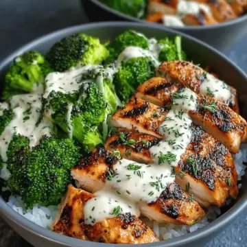 Grilled Chicken & Broccoli Bowls with Creamy Garlic Sauce