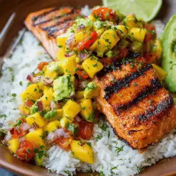 Grilled Lime Salmon with Avocado-Mango Salsa and Coconut Rice