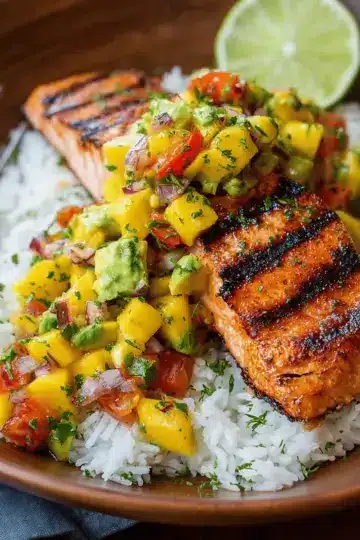 Grilled Lime Salmon with Avocado-Mango Salsa and Coconut Rice