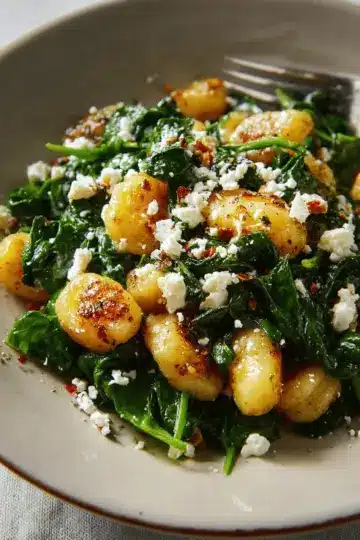 Crispy Gnocchi With Spinach and Feta