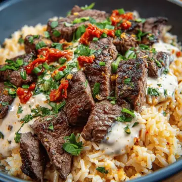 Creamy Queso Rice with Juicy Steak Strips