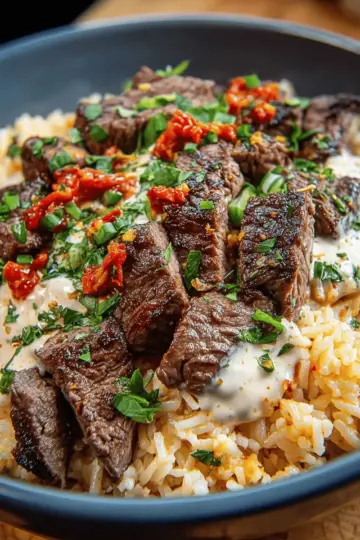 Creamy Queso Rice with Juicy Steak Strips