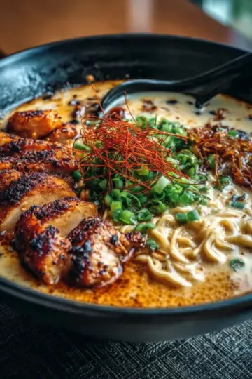 Fiery Chicken Ramen with Creamy Garlic Sauce