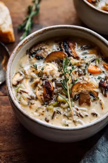 Creamy Wild Rice Chicken Soup with Roasted Mushrooms