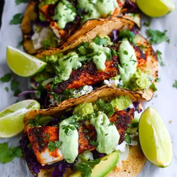 Blackened Cod Fish Tacos with Cilantro Avocado Sauce