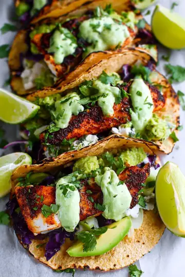 Blackened Cod Fish Tacos with Cilantro Avocado Sauce