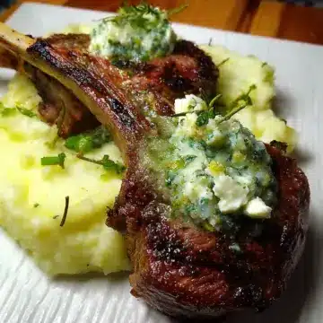 Grilled Double-Cut Lamb Chops, Green Garlic Herb Butter, Green Garlic Mashed Potatoes