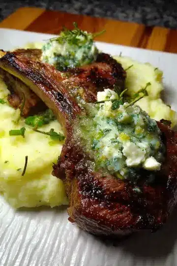 Grilled Double-Cut Lamb Chops, Green Garlic Herb Butter, Green Garlic Mashed Potatoes