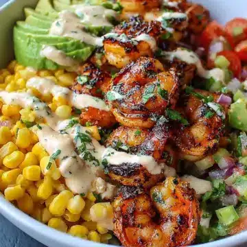 Grilled Shrimp Bowl with Avocado, Corn Salsa & Creamy Garlic Sauce