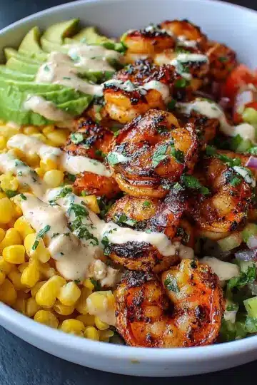 Grilled Shrimp Bowl with Avocado, Corn Salsa & Creamy Garlic Sauce