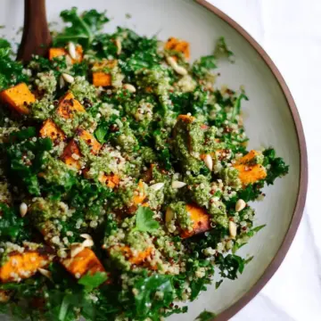 Quinoa Salad with Roasted Sweet Potato, Kale & Pesto Vinaigrette