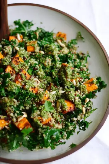 Quinoa Salad with Roasted Sweet Potato, Kale & Pesto Vinaigrette