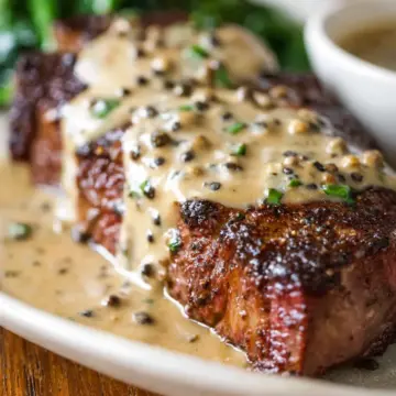 Steak with Creamy Peppercorn Sauce