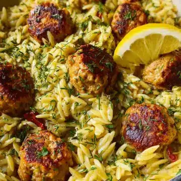 One-Pan Greek Chicken Meatballs and Lemon Orzo