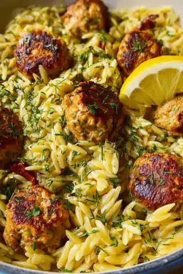One-Pan Greek Chicken Meatballs and Lemon Orzo