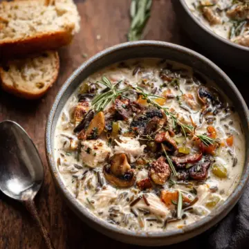 Creamy Wild Rice Chicken Soup with Roasted Mushrooms