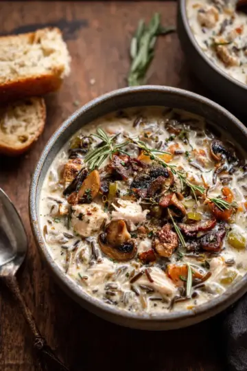 Creamy Wild Rice Chicken Soup with Roasted Mushrooms