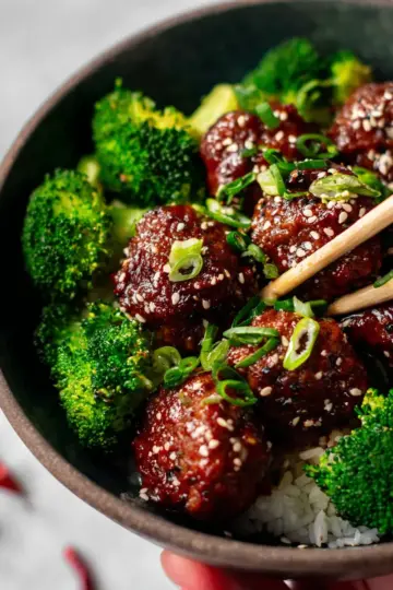 Sticky Mongolian Meatballs and Broccoli
