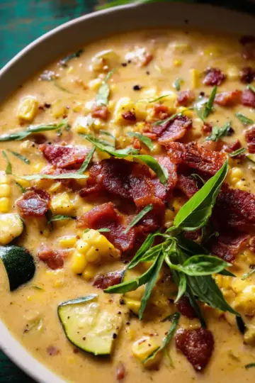 Creamy Corn, Zucchini, and Bacon Chowder