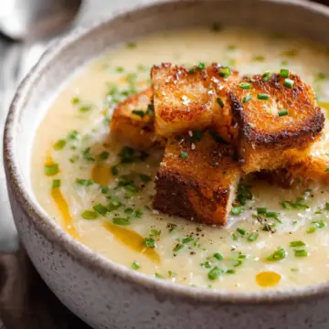 Roasted Garlic Potato Soup with Grilled Cheese Croutons