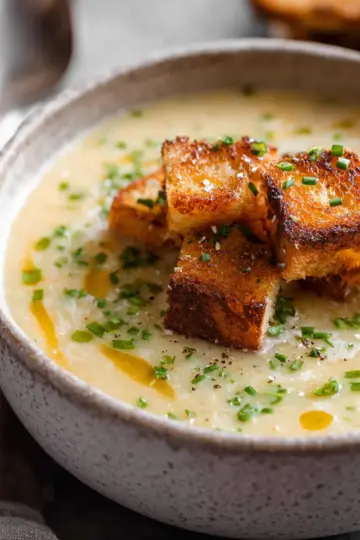 Roasted Garlic Potato Soup with Grilled Cheese Croutons