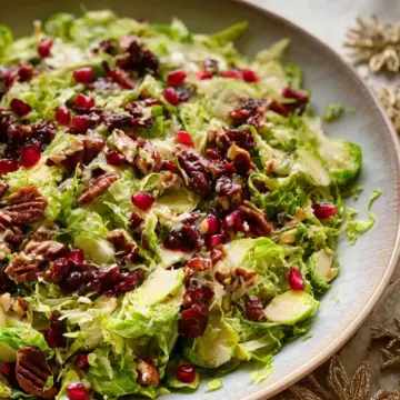 Shaved Brussels Sprout Salad with Pomegranate and Candied Pecans