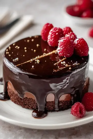 Chocolate and Raspberry Mousse Cake with Dark Chocolate Mirror Glaze