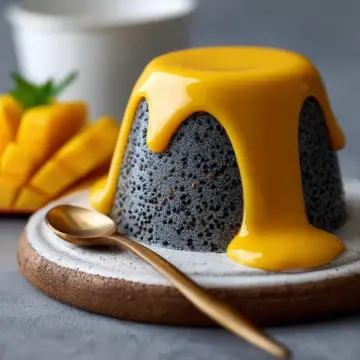Black Sesame Panna Cotta with Mango Coulis