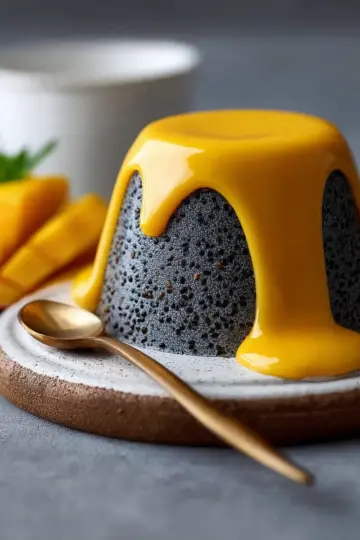 Black Sesame Panna Cotta with Mango Coulis