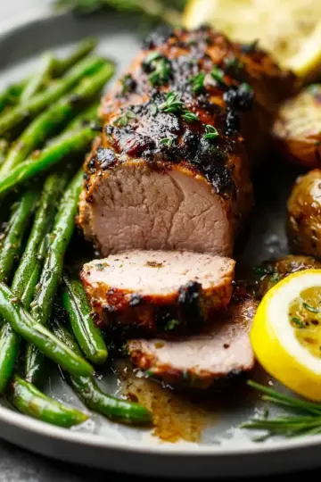 Lemony Garlic Grilled Pork Tenderloin with Charred Green Beans